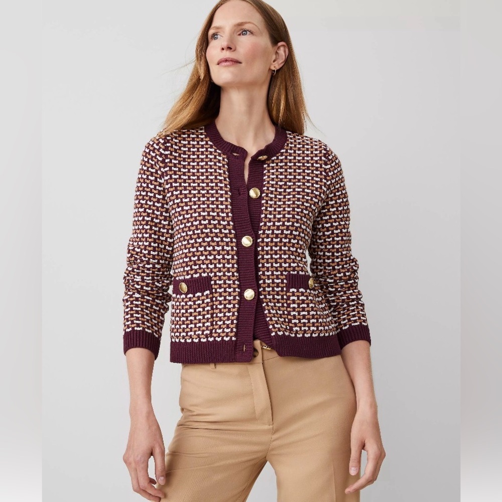 Ann Taylor Chic Burgundy and White Knit Cardigan